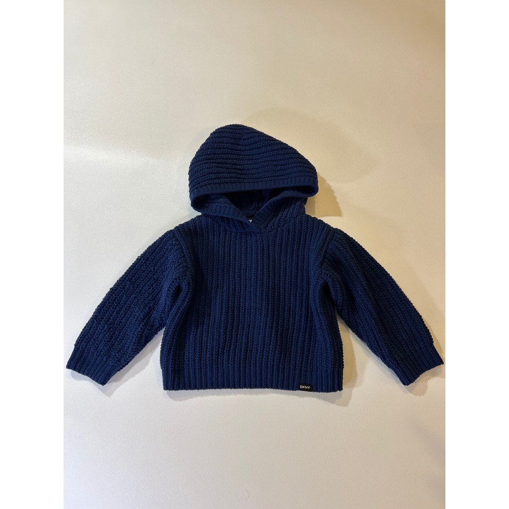 DKNY Hooded Sweater Boys 12M Navy Blue Ribbed Chenille Knit